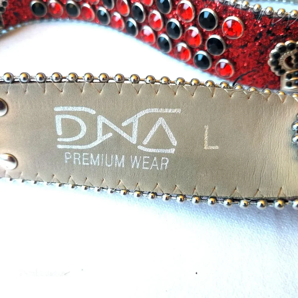 DNA PREMIUM WEAR WESTERN BELT RED BLACK RHINESTONE SILVER & GLITTER ACCENTS 43